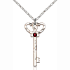 Sterling Silver 1.25in Key Two Hearts Pendant Garnet Bead & 18in Chain