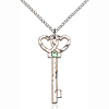 Sterling Silver 1.25in Key Hearts Pendant Peridot Bead & 18in Chain