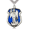 Sterling Silver Large St Michael Medal with Blue Epoxy & 24in Chain