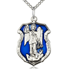 Sterling Silver 7/8in St Michael Shield Medal Blue Epoxy & 18in Chain