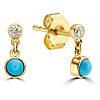 14k Yellow Gold Round Turquoise Bezel Dangle Earrings With Diamonds