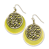 Brass-tone Filigree and Green Enamel Circle Dangle Earrrings