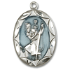 Sterling Silver Oval Blue St Christopher Medal 1in