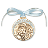 Gold Oxide Pewter Baby Boy With Angel Crib Medal with Blue Ribbon