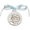 Pewter Baby Boy With Angel Crib Medal with Blue Ribbon