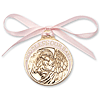 Gold Oxide Pewter Baby Girl With Angel Crib Medal with Blue Ribbon