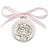 Pewter Baby Girl With Angel Crib Medal with Blue Ribbon