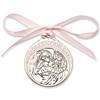 Pewter Baby Girl With Angel Crib Medal with Pink Ribbon