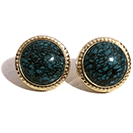 14k Yellow Gold 12mm Round Turquoise Stud Earrings with Diamond-cut Border