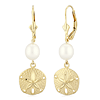 14k Yellow Gold Sand Dollar Freshwater Cutured Pearl Leverback Earrings