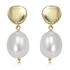 14k Yellow Gold Oval White Freshwater Pearl and Button Drop Earrings