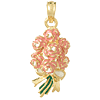 14k Yellow Gold 3/4in Enamel Pink Roses Bouquet Pendant