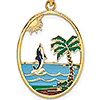 14k Yellow Gold Dolphin and Palm Tree Pendant with Enamel 7/8in