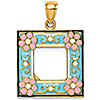 14k Yellow Gold Aqua Picture Frame Pendant with Flowers 3/4in