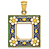 14k Yellow Gold 3/4in Blue Square Picture Frame Pendant with Flowers