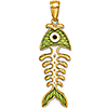 14k Yellow Gold 1in Fishbone Pendant with Green Enamel