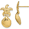 14k Yellow Gold Starfish and Scallop Dangle Earrings 1in