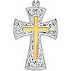 Sterling Silver Filigree Cross Pendant with 14k Yellow Gold Center 1in
