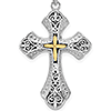 Sterling Silver 1in Filigree Cross Pendant with 14k Yellow Gold Center