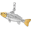 Sterling Silver 5/8in Red Drum Fish Pendant with 14kt Gold