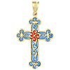 14k Yellow Gold Translucent Blue Red Scroll Cross Pendant 1in