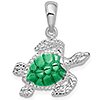 Sterling Silver 3/4in Sea Turtle Pendant with Green Enamel