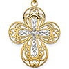 14k Yellow Gold and Rhodium Cut-Out Rounded Filigree Cross Pendant 1in