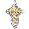 14k Yellow Gold Block Cross Pendant with White Gold Filigree 1in