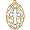 14k Yellow Gold Rhodium Filigree Oval Cross Pendant 7/8in