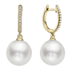 14k Yellow Gold 9mm Freshwater Cultured Pearl and Diamond Dangle Hoop Earrings 