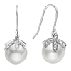 14k White Gold 9mm Freshwater Cultured Pearl Dangle Earrings with Diamond Crowns