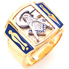 Yellow Gold Jumbo Masonic Ring with Blue Enamel Plumb Bob and Trowel
