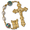 Gold Plated Pearl and Blue Rose Bead Rosary