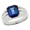 Sterling Silver Men's Barrel Cut Created Sapphire Ring with Diamonds