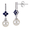 14k White Gold 7mm Freshwater Cultured Pearl with Blue Sapphires and Diamonds Floral Drop Earrings
