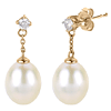 14k Yelllow Gold 10mm White Freshwater Cultured Pearl Drop Dangle Earrings With Diamonds