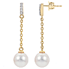 14k Yellow Gold Akoya Cultured Pearl Earrings With Diamond Bar Accents