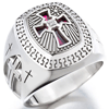 Silver Signet Cross Ring with Simulated Garnet and Diamond Accent