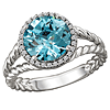14k White Gold 4 ct Round Blue Topaz and Diamond Halo Ring With Rope Texture