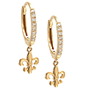 14k Yellow Gold Fleur de Lis Dangle Micro Pave Diamond Hoop Earrings