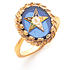 Yellow Gold Eastern Star Blue Stone Ring with Decorative Bezel