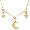 14k Yellow Gold Crescent Moon and Two Stars Necklace