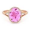 14k Rose Gold Oval Created Pink Sapphire and Diamond Halo Ring