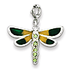 Sterling Silver 3/4in Green CZ Enameled Dragonfly Charm