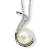 Sterling Silver CZ White Cultured Pearl Swirl 18in Necklace