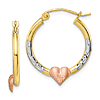 10k Yellow and Rose Gold Heart Hoop Earrings with Rhodium 3/4in