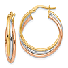 10k Tri-color Gold Polished and Textured Twisted Hoop Earrings 1in