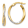 10k Yellow Gold and Rhodium Oval Hoop Earrings With Textured and Polished Finish