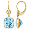 14k Yellow Gold Cushion Cut Blue Topaz and Round White Topaz Leverback Earrings