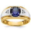 10k Two-tone Gold Men's Oval Created Sapphire and Diamond Ring With Satin Finish